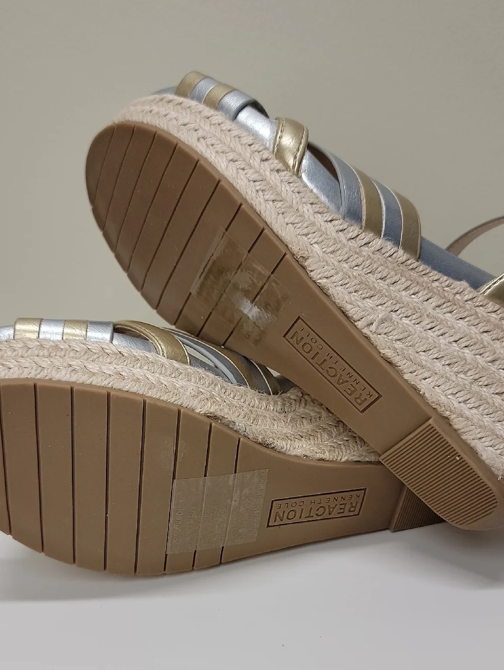 Kenneth Cole NEW IN BOX Metallic Gold and Silver Espadrille Wedge Sandal Sz 6.5